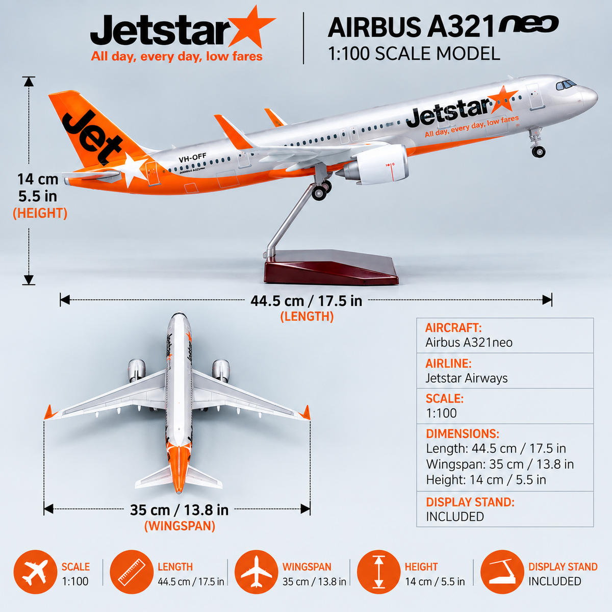 Jetstar Airways Airbus A321neo 1:100 Scale LED Model – 44.5cm Aircraft Model