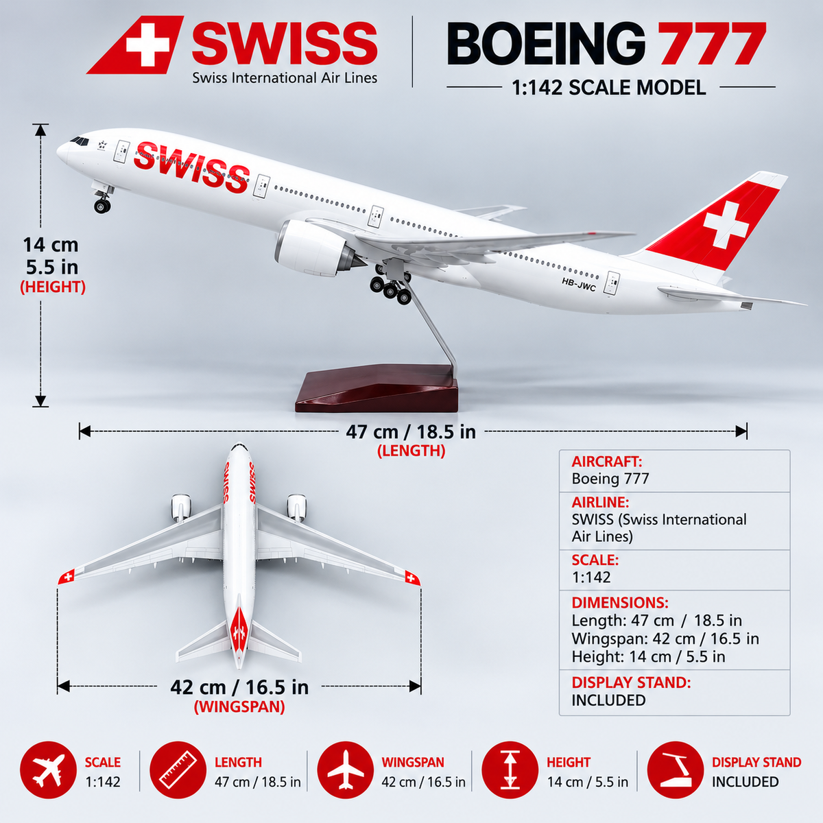 SWISS Boeing 777 1:157 Scale Aircraft Model – 47cm Premium Resin Collector Model