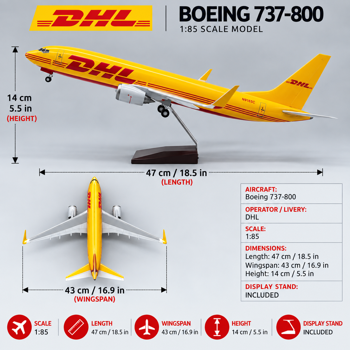 DHL Boeing 737-800 1:85 Scale Aircraft Model – 47cm Cargo Plane Model