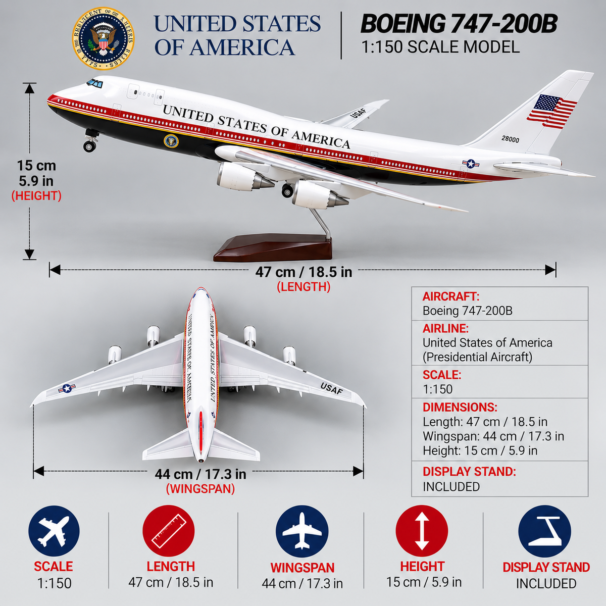 Air Force One Boeing 747-8 VC-25B 1:150 Scale LED Aircraft Model