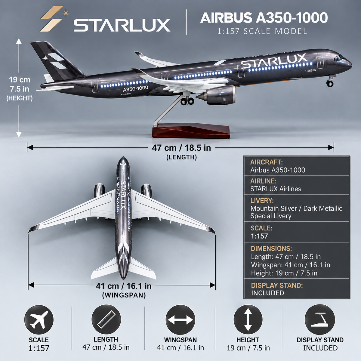 STARLUX Airlines Airbus A350-1000 1:157 Scale LED Model – 47cm Resin Aircraft Models