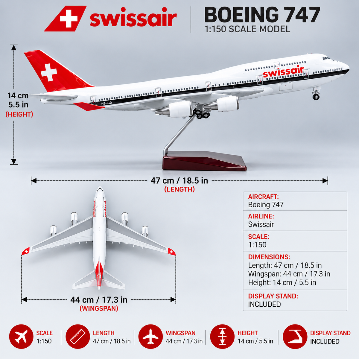 Swissair Boeing 747 1:150 Scale Aircraft Model – 47cm Premium Resin Collector Model