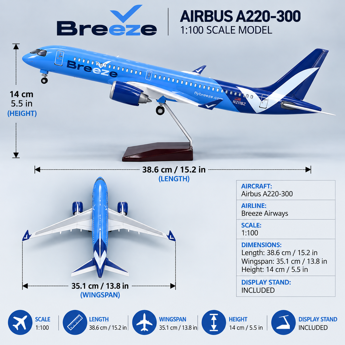 Breeze Airways Airbus A220-300 1:100 Scale LED Model – 38.6cm Sound-Activated Resin Aircraft