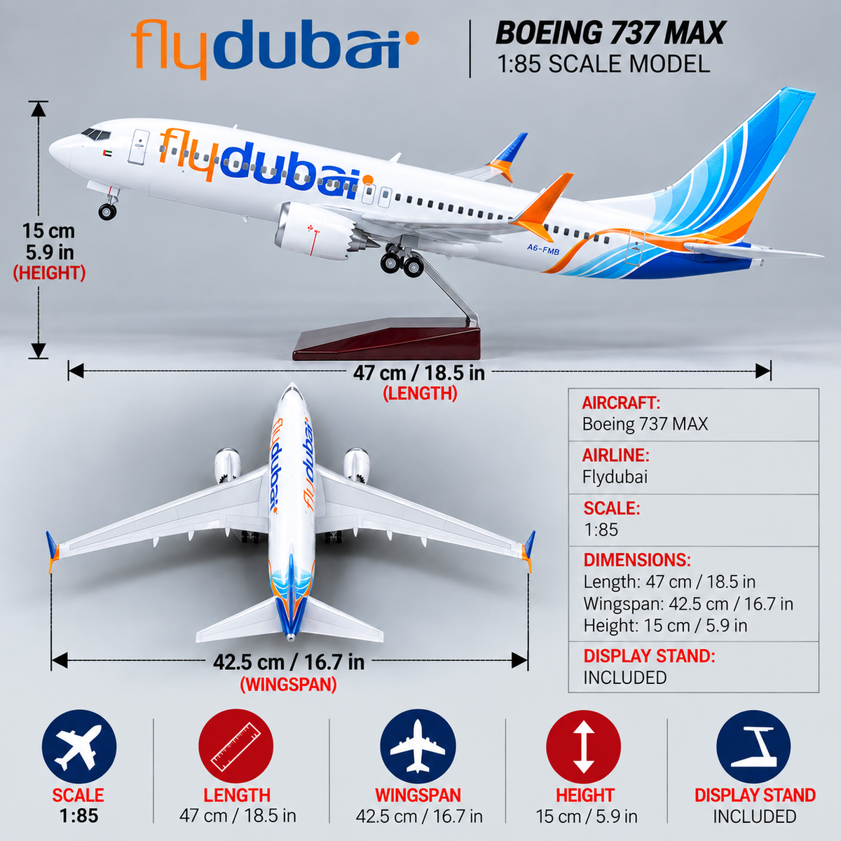 flydubai Boeing 737 MAX 1:85 Scale LED Aircraft Model