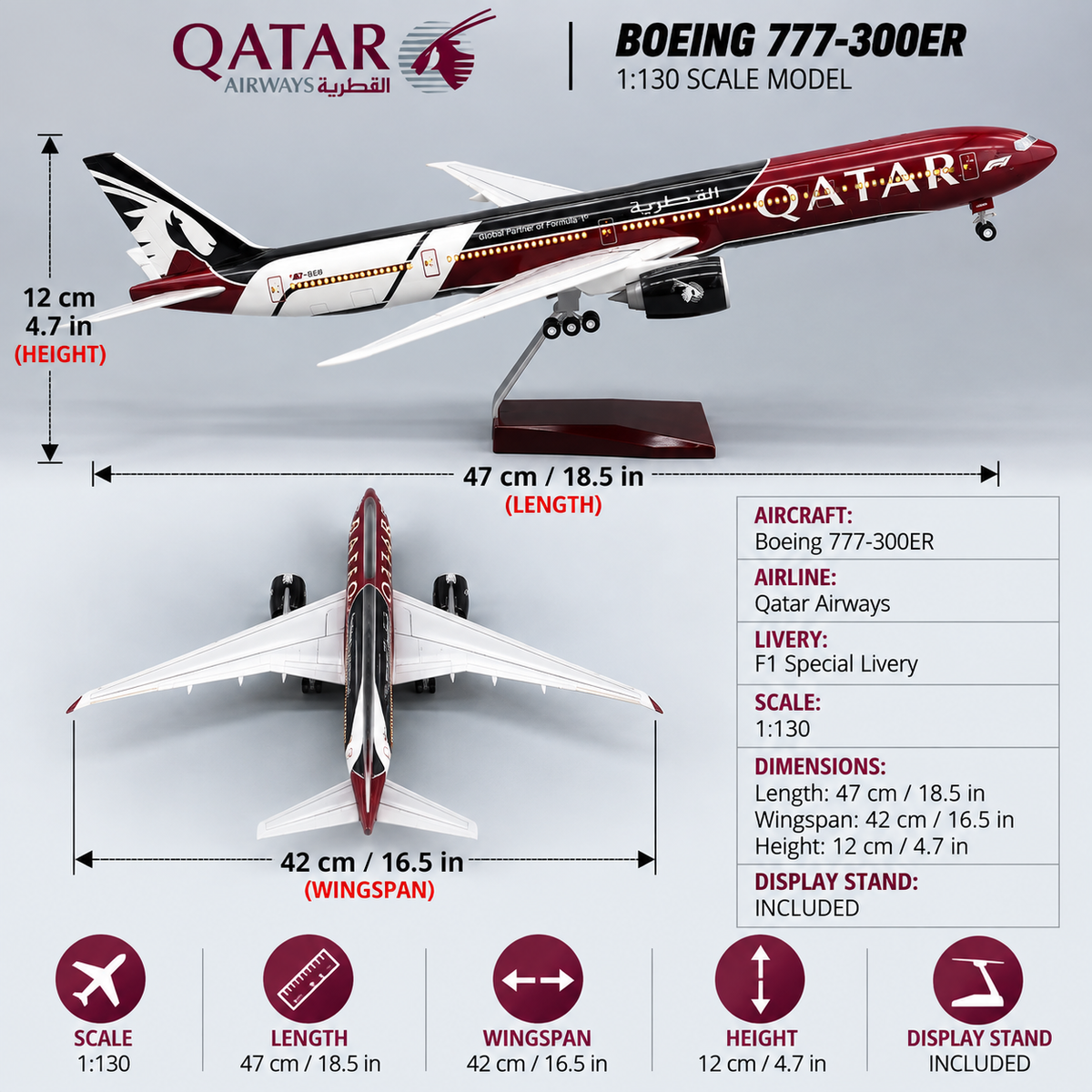 Qatar Airways Boeing 777-300ER Formula 1® 1:157 Scale LED Aircraft Model