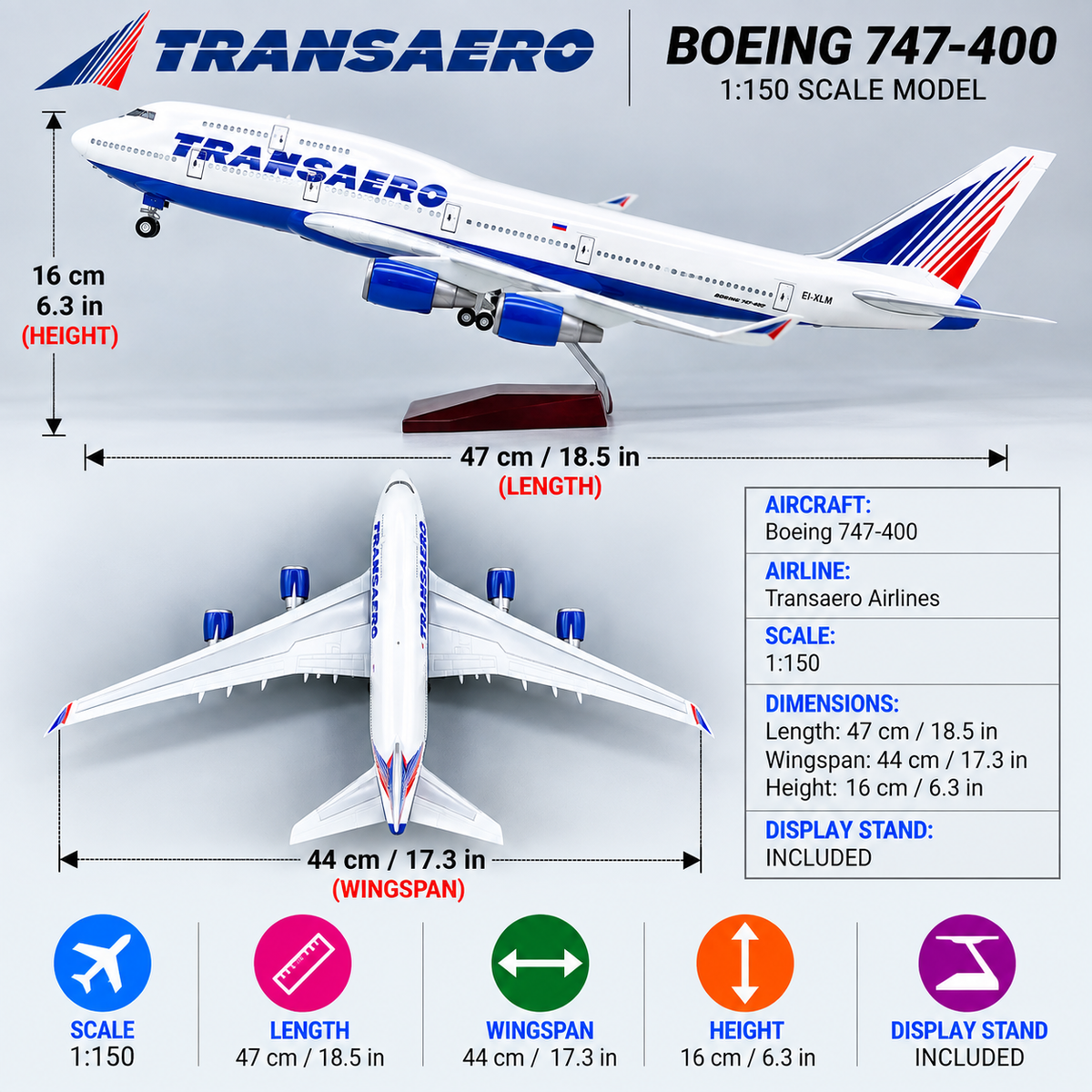 Transaero Boeing 747 LED Aircraft Model – 47cm Collector Plane Model