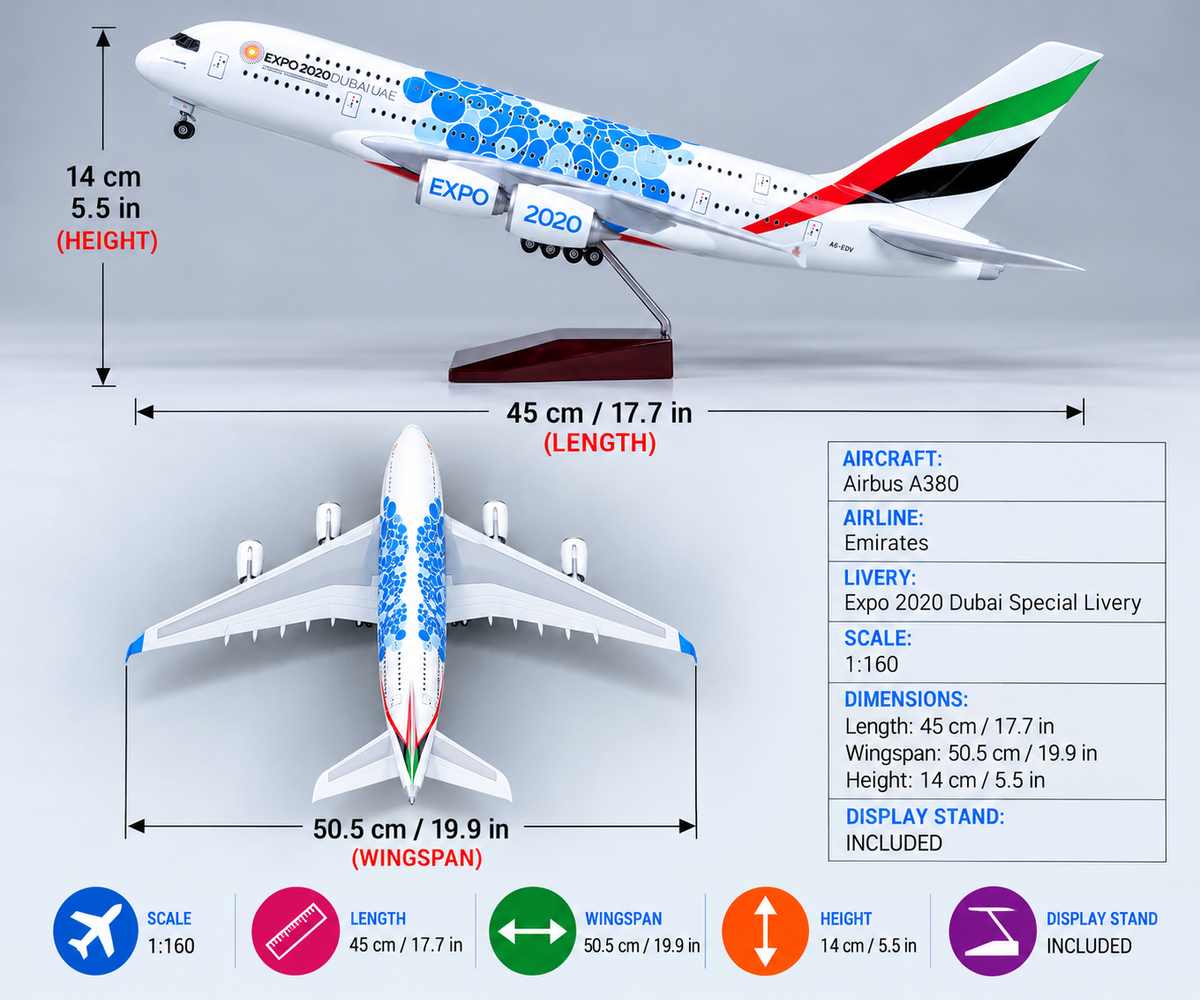 Emirates Airbus A380 Expo 2020 Dubai 1:160 Scale LED Model – 45cm Aircraft Special Livery