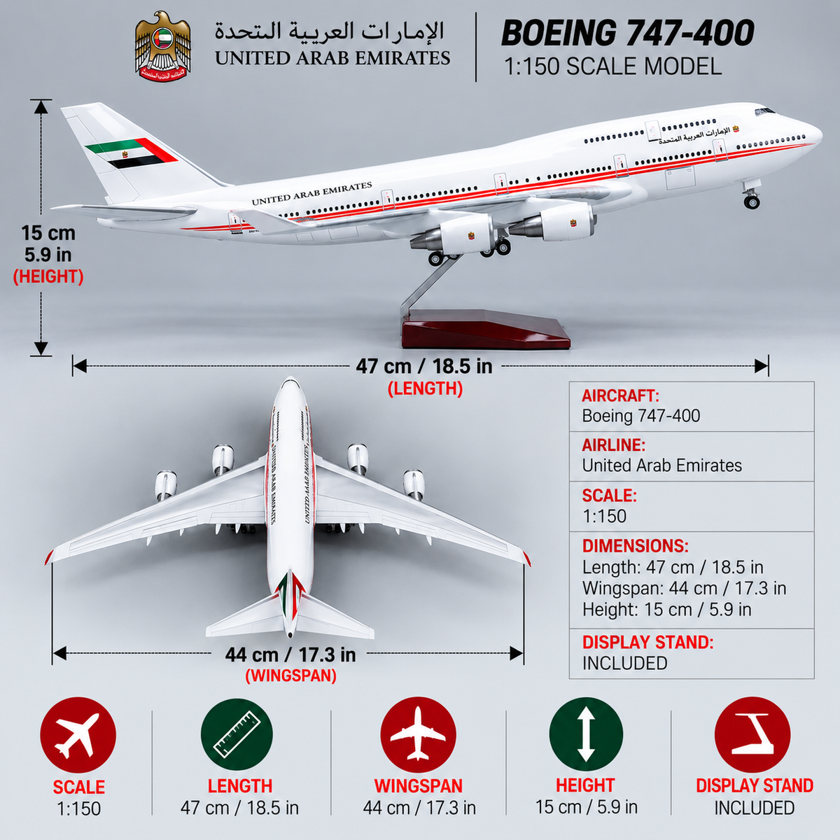 United Arab Emirates Boeing 747-400 1:150 Scale LED Model – 47cm Presidential Aircraft Models
