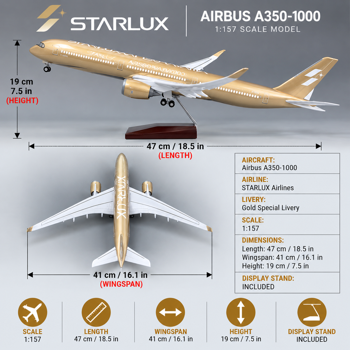 STARLUX Airlines Airbus A350-1000 Gold Livery 1:157 Scale LED Model – 47cm Resin Aircraft model