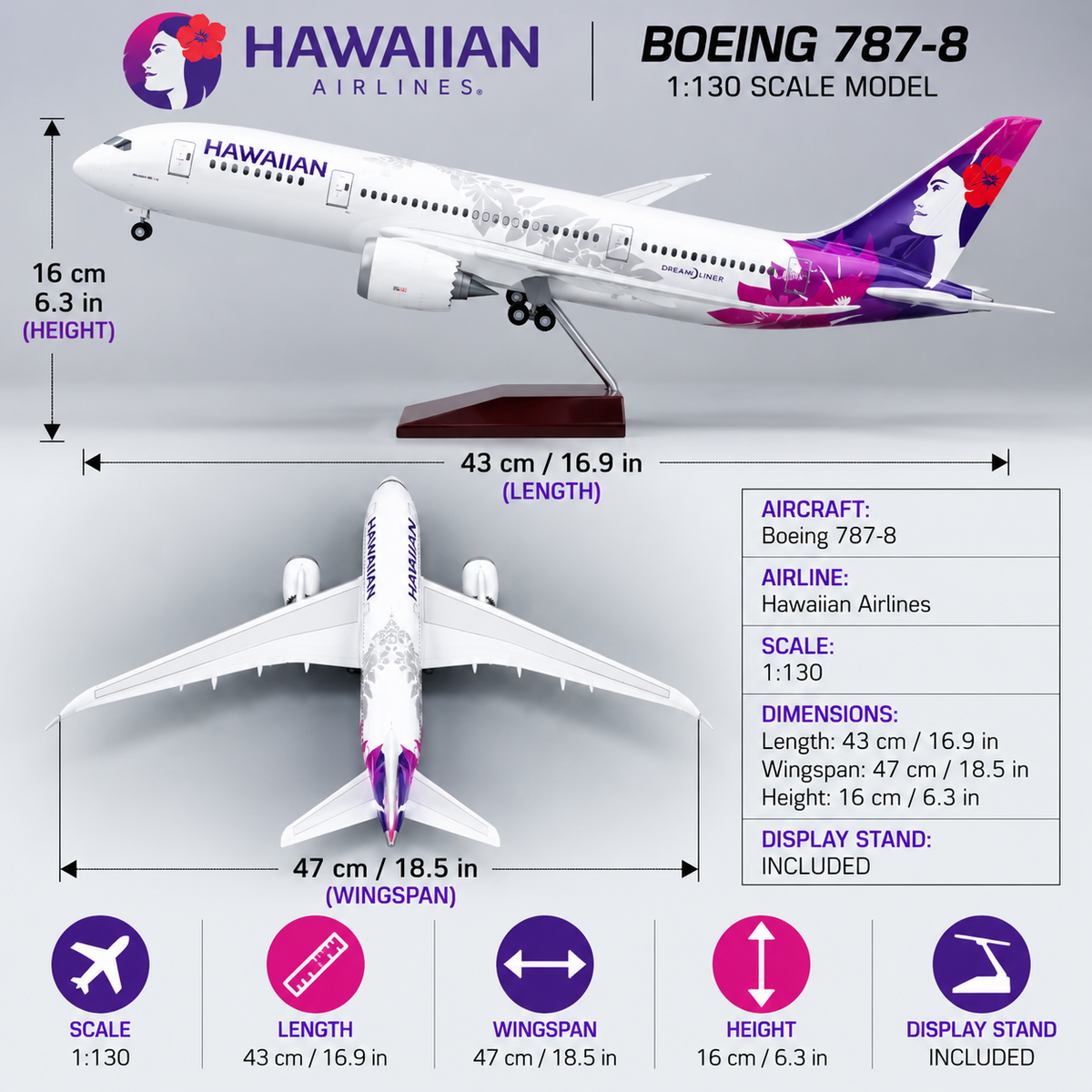Hawaiian Airlines Boeing 787-8 Dreamliner 1:130 Scale LED Model – 43cm Collector Aircraf