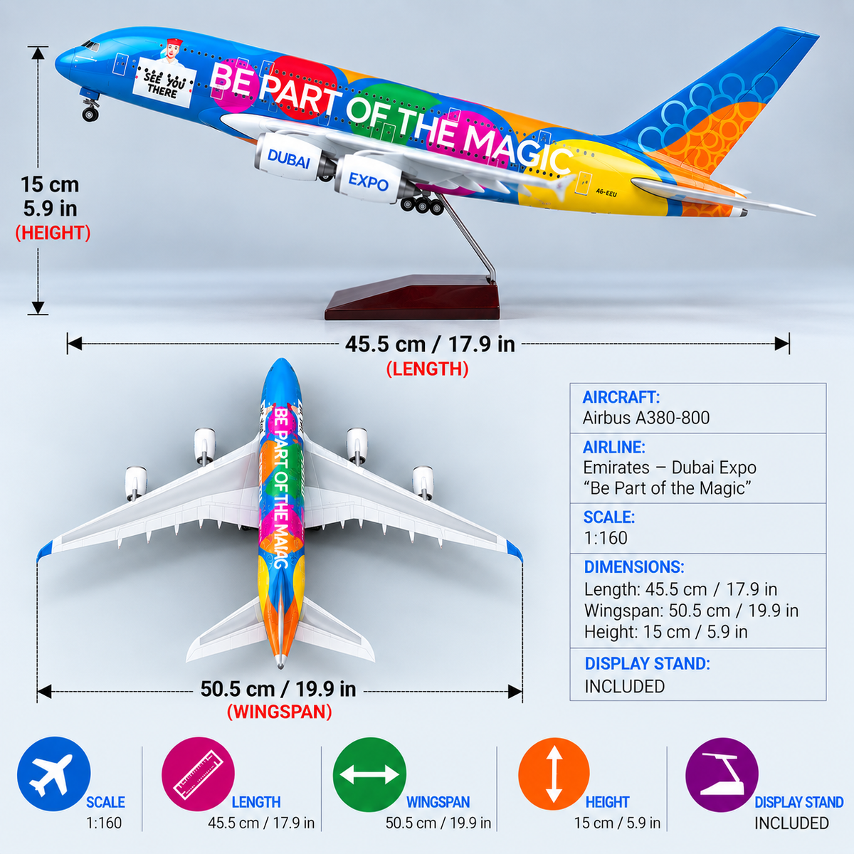 Airbus A380 Expo 2020 Dubai 1:160 Scale LED Model – 45cm Special Livery Aircraft Models