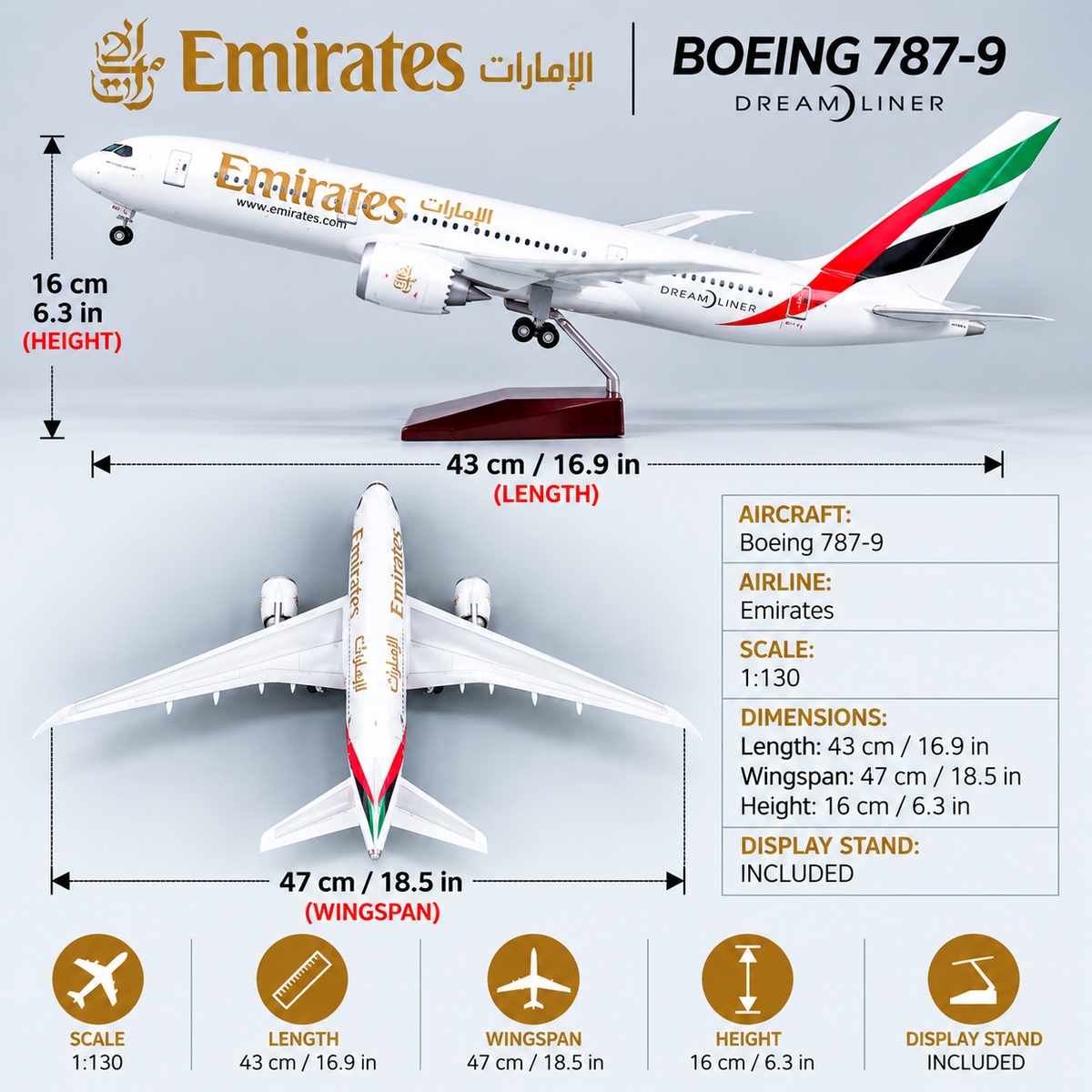 Emirates Boeing 787 Dreamliner 1:130 Scale LED Model – 43cm Resin Aircraft Models