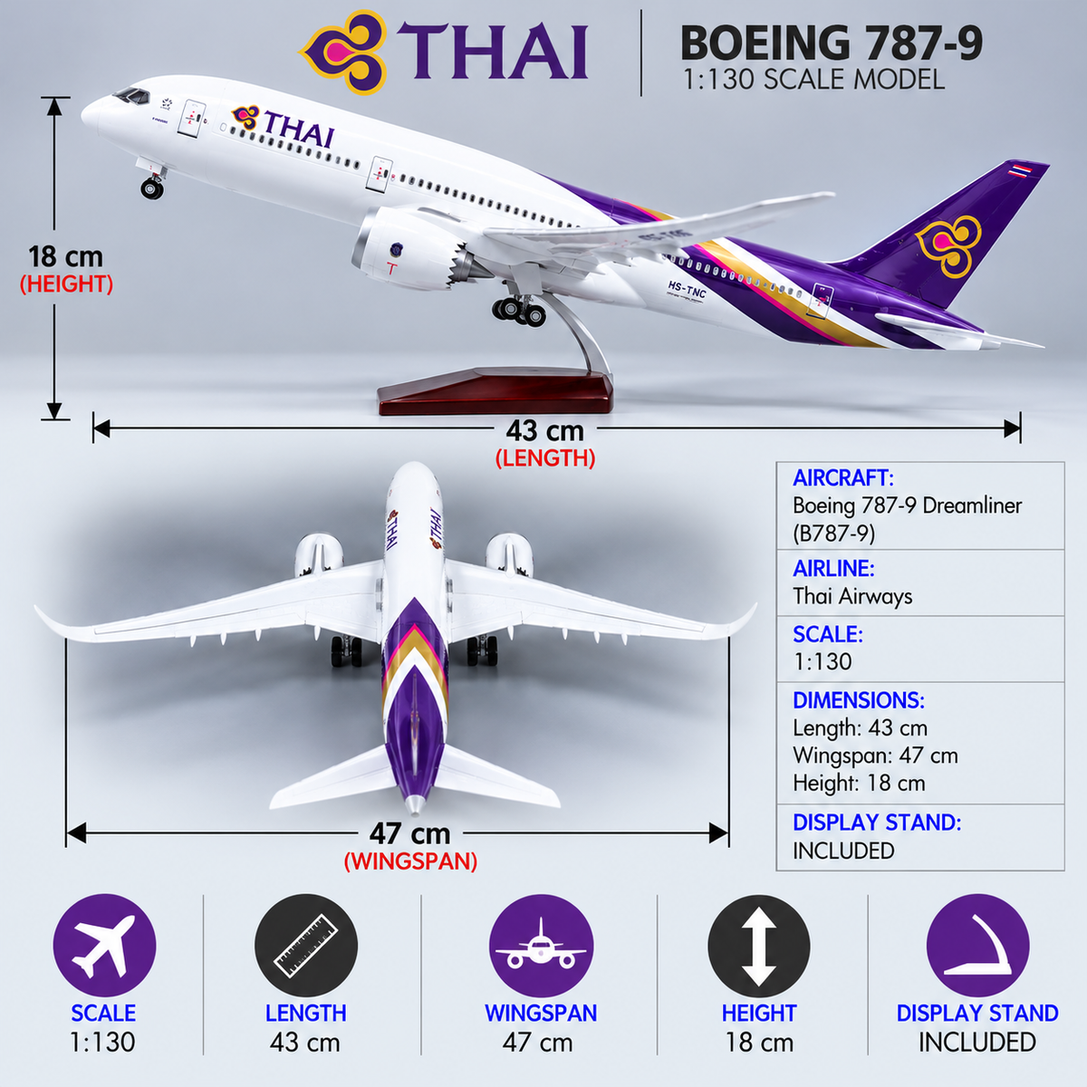 Modelo a escala 1:130 del avión Boeing 787-9 Dreamliner de Thai Airways