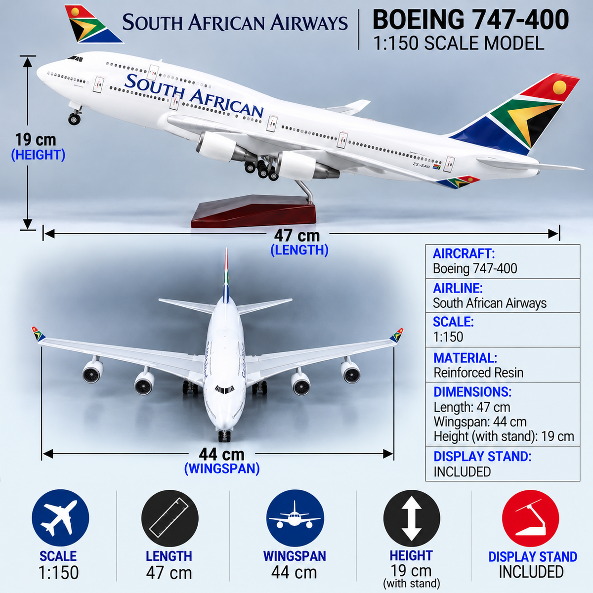 South African Airways Boeing 747 Flugzeugmodell aus Kunstharz im Maßstab 1:150 – 47 cm