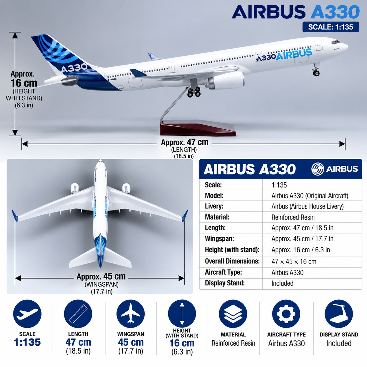 Airbus A330 Prototype 1:135 Scale Aircraft Model – 47cm Premium Resin Collector Model