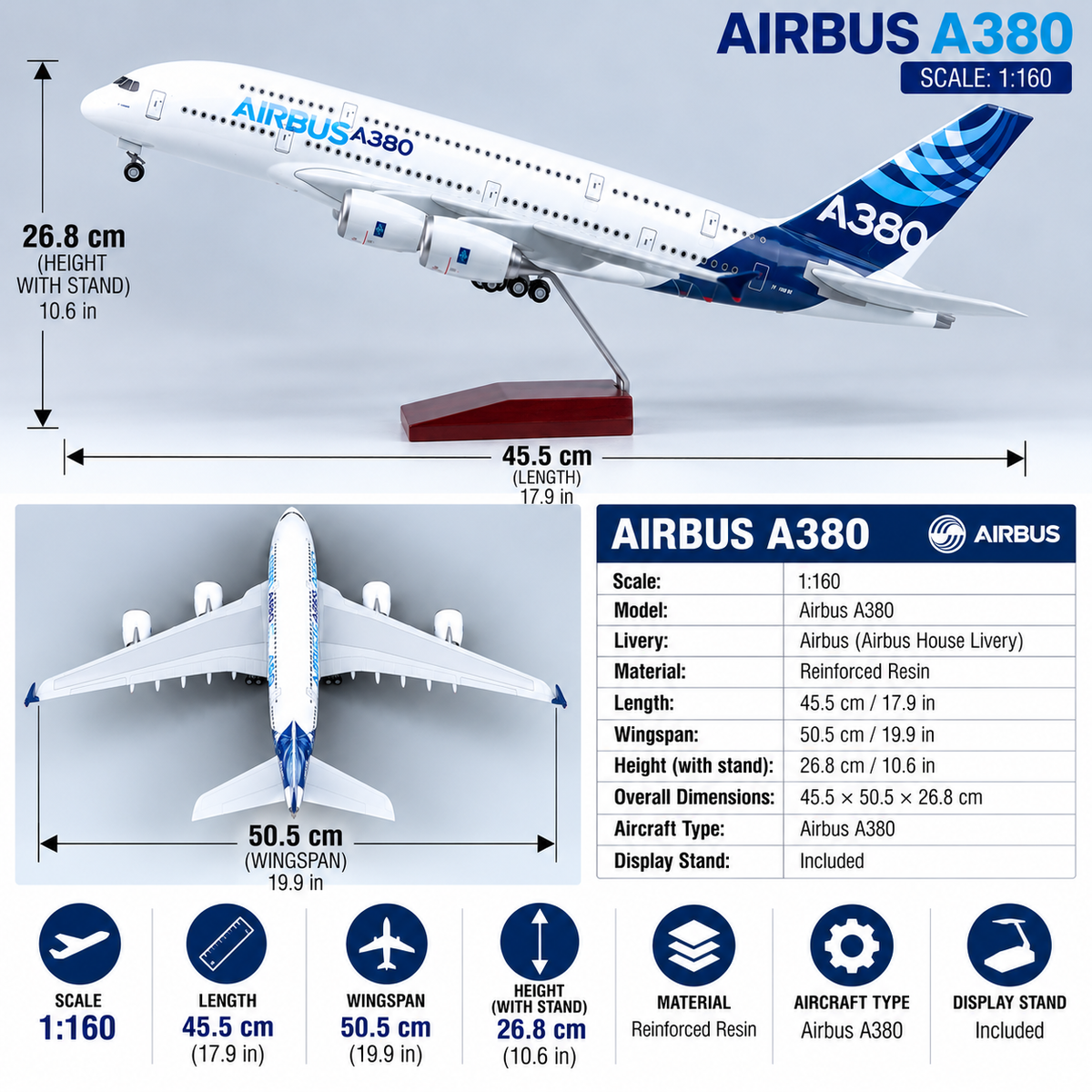 Airbus A380 Prototype 1:160 Scale LED Aircraft Model – 45.5cm Sound-Activated Resin Airplane Model