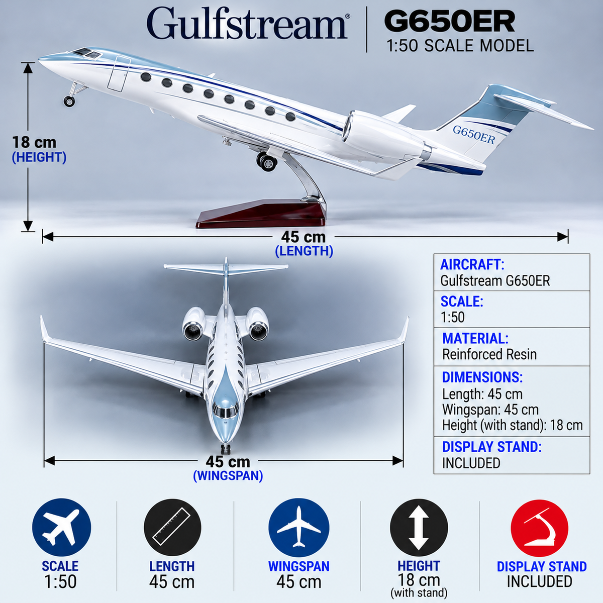 Gulfstream G650ER 1:50 Scale LED Private Jet Model