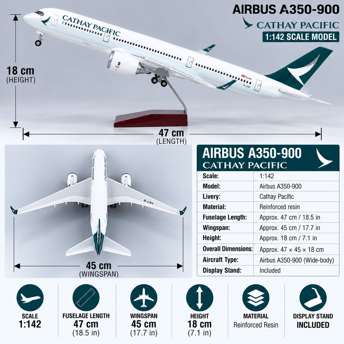 Cathay Pacific Airbus A350-900 1:142 Scale LED Aircraft Model – 47cm Premium Resin