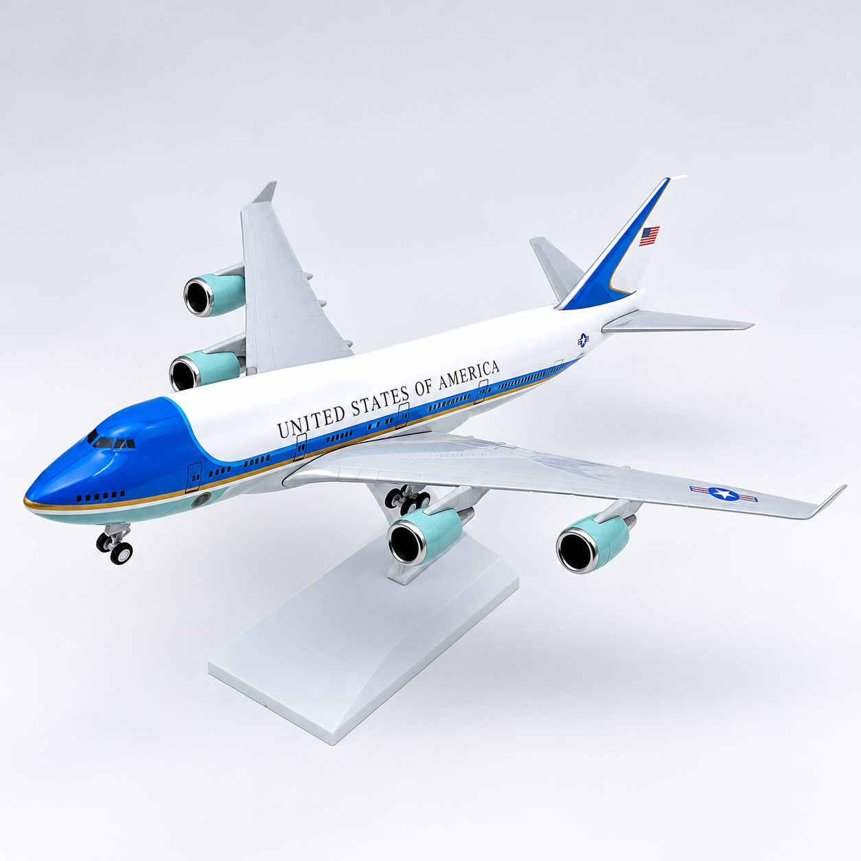 Air Force One Boeing 747-400 Presidential Blue and White Livery 1:250 Scale Resin Aircraft Model 30cm with Display Stand