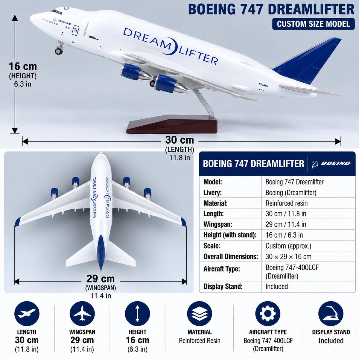 Boeing 747-400LCF Dreamlifter 1:240 Scale Resin Aircraft Model – 30cm Cargo Plane Model