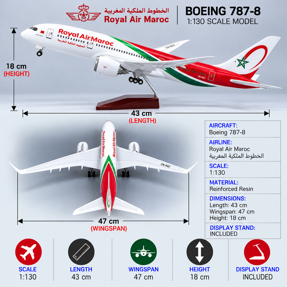 Royal Air Maroc Boeing 787-8 Dreamliner 1:130 Scale LED Aircraft Model