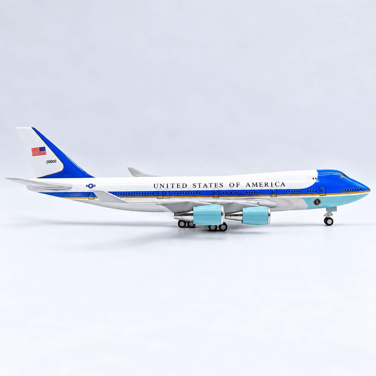 Air Force One Boeing 747-400 Presidential Blue and White Livery 1:250 Scale Resin Aircraft Model 30cm with Display Stand