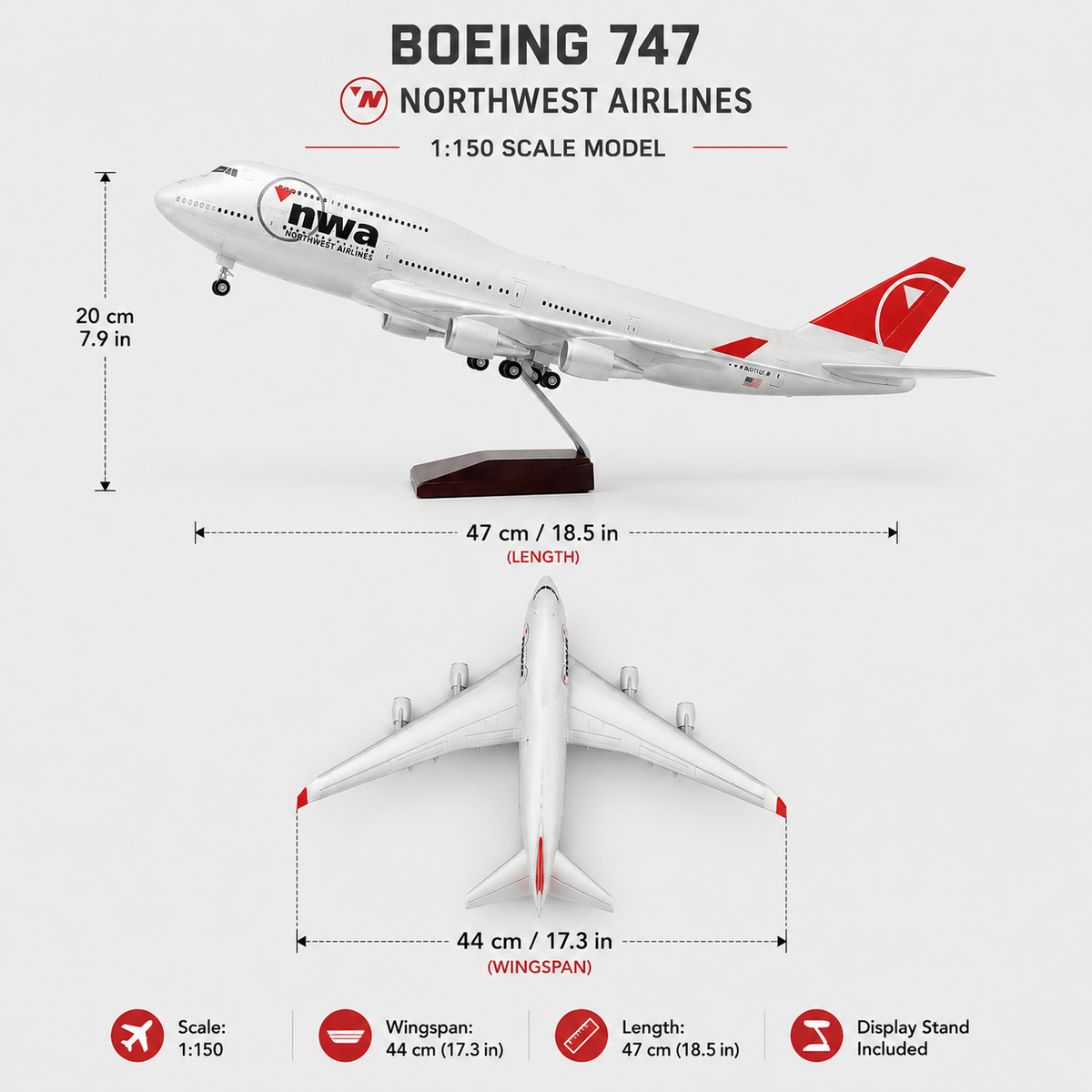 Northwest Airlines Boeing 747 – 1:150 Scale – 47cm / 18.5in – LED Aircraft Model