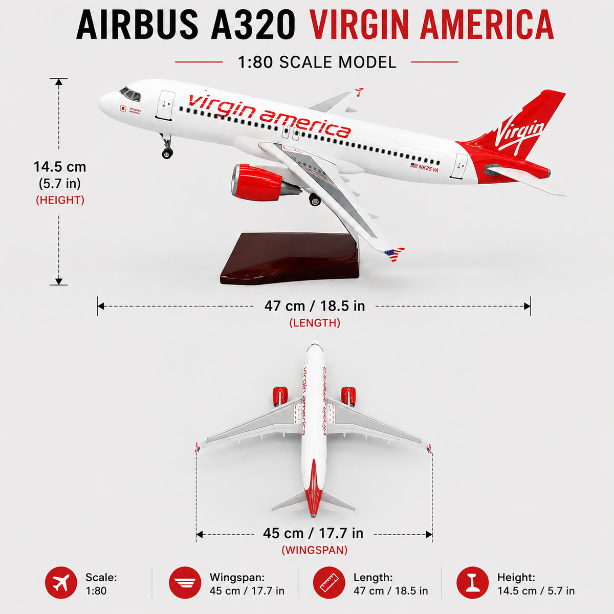 Virgin America Airbus A320 Aircraft Model – 47cm LED Lighted Collectible Display Model