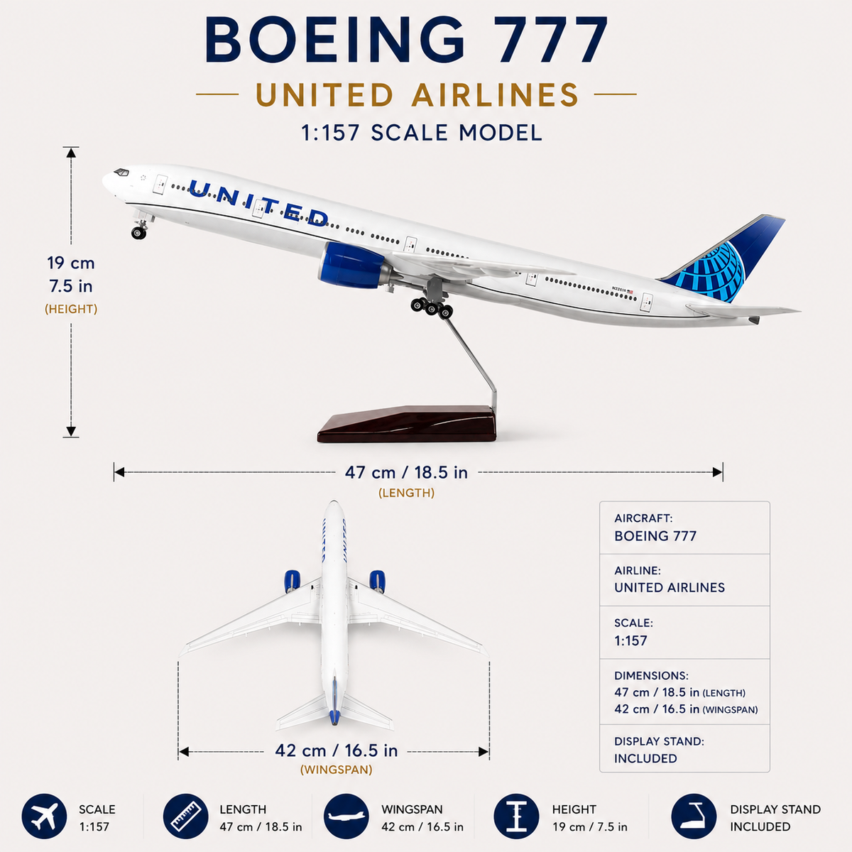 United Airlines Boeing 777 1:157 Scale Aircraft Model – 47cm Premium Resin Collector Model