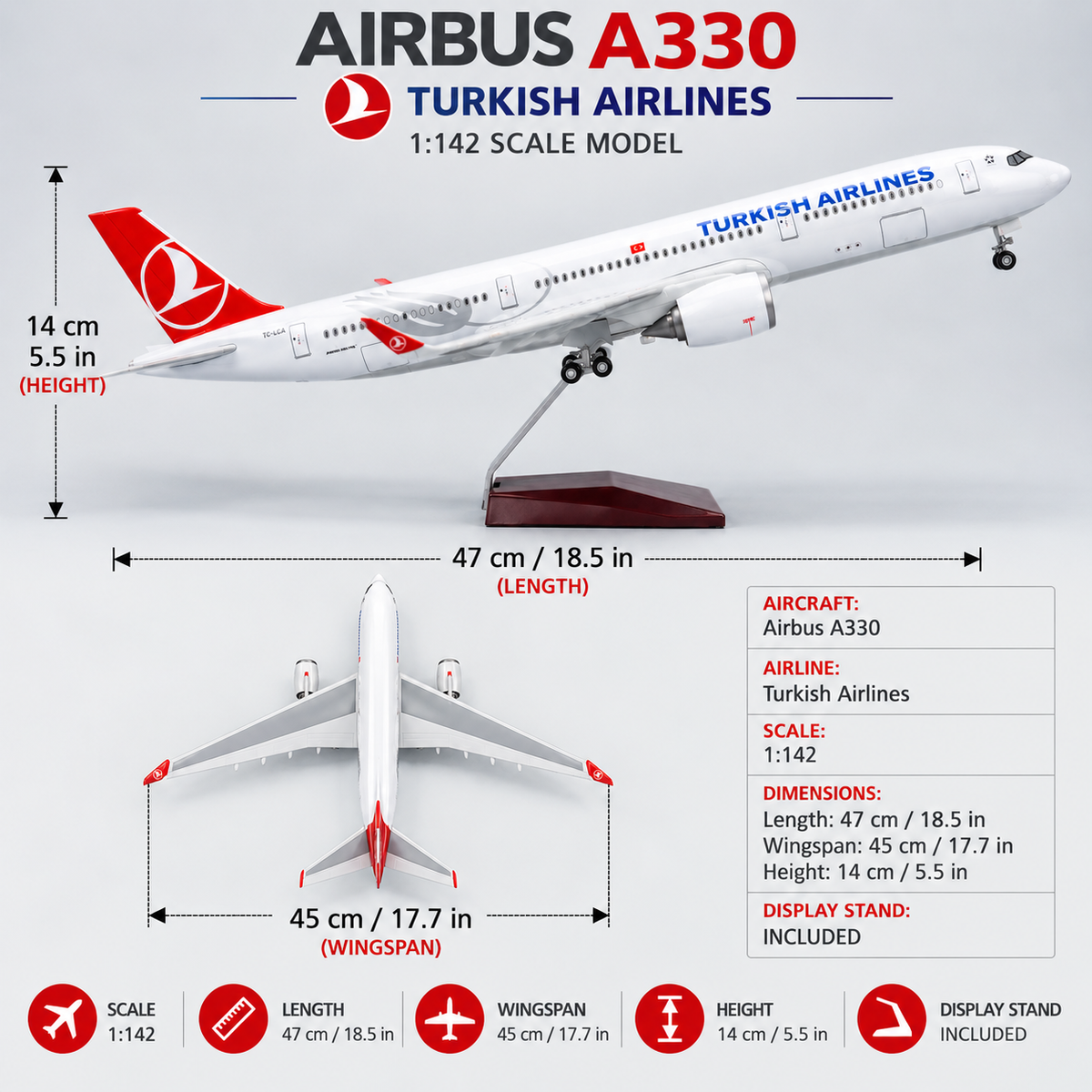 Turkish Airlines Airbus A350 1:142 Scale Model – 47cm LED Premium Resin Aircraft Model