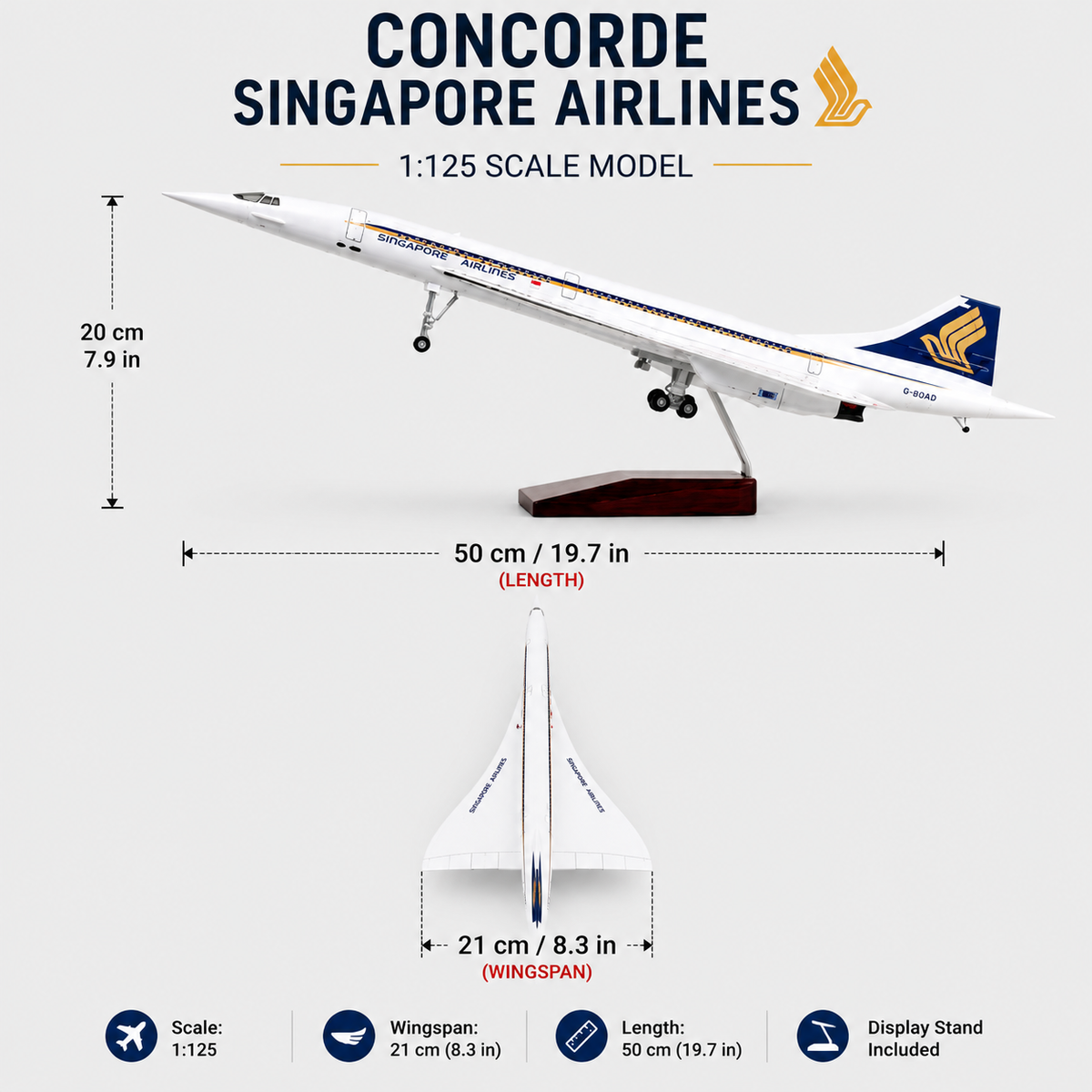 Singapore Airlines Concorde – 1:125 Scale – 50cm / 19.7in – Premium Aircraft Model