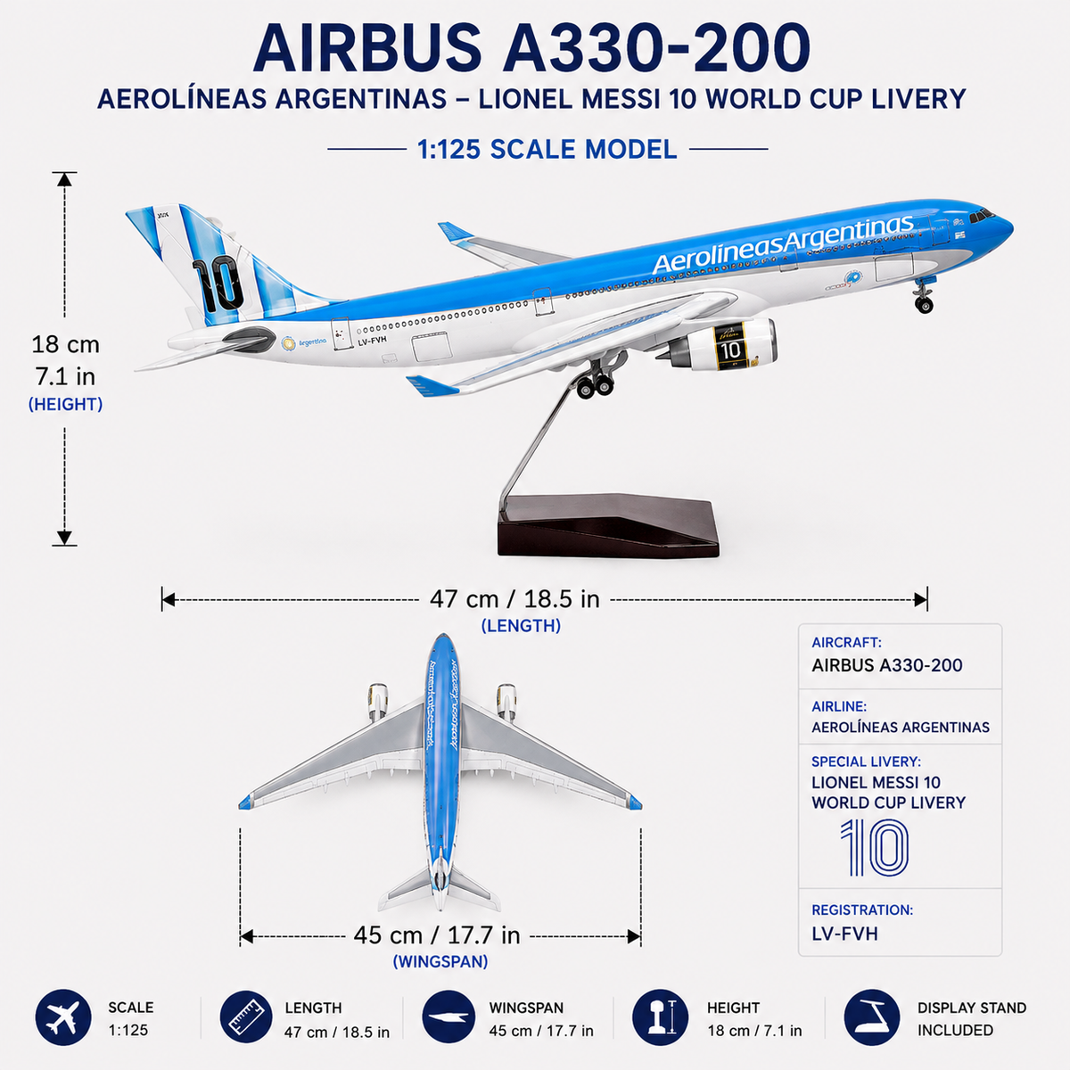 Aerolíneas Argentinas Airbus A330 Messi No.10 World Cup 1:125 Scale Model – 47cm LED Aircraft Models